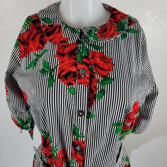 Eshakti White/Black Stripped Floral Beaded Business Vacation Dress M - Picture 2 of 10